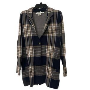 MAX STUDIO NWT Dark Navy Blue and Tan Plaid One Button Sweater Jacket Size Large